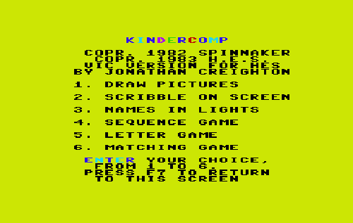 Kindercomp title screen for Vic-20